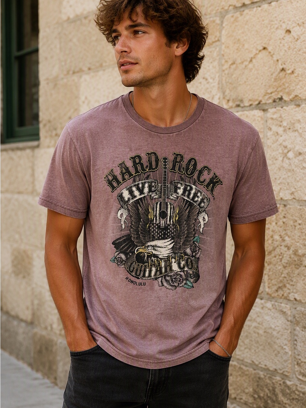 Hard Rock Cafe Vintage Style Faded Mauve Graphic Tee w/Eagle & Guitar 🎸Honolulu